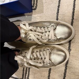 Stuart Weitzman Metallic Gold Leather Sneaker Mules